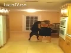 While playing with a puppy, a fun-loving wife has her top torn off.